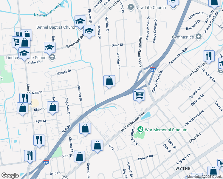 map of restaurants, bars, coffee shops, grocery stores, and more near 247 Watkins Drive in Hampton