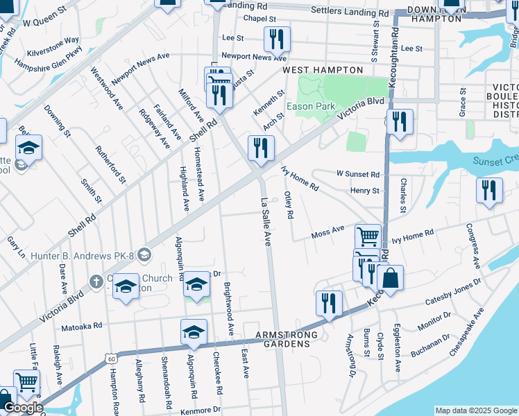 map of restaurants, bars, coffee shops, grocery stores, and more near 341 La Salle Avenue in Hampton