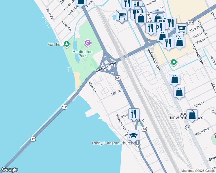 map of restaurants, bars, coffee shops, grocery stores, and more near in Newport News