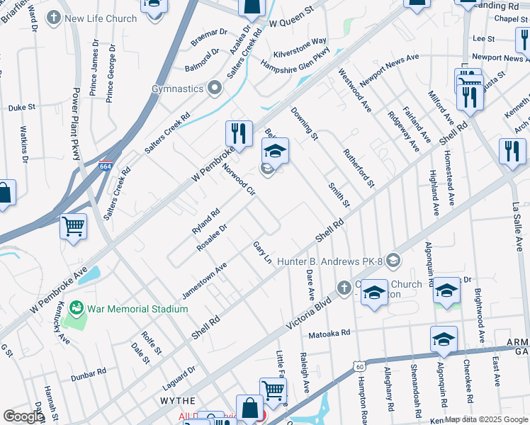 map of restaurants, bars, coffee shops, grocery stores, and more near 743 Norwood Circle in Hampton