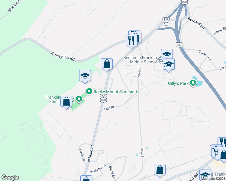 map of restaurants, bars, coffee shops, grocery stores, and more near 30 Harvey Street in Rocky Mount