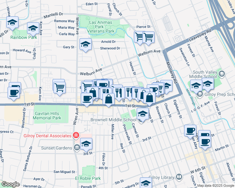map of restaurants, bars, coffee shops, grocery stores, and more near 641 1st Street in Gilroy