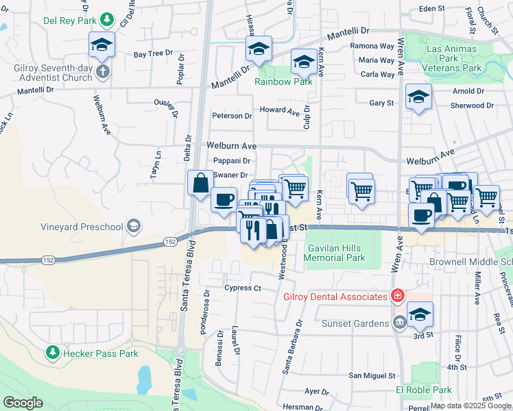 map of restaurants, bars, coffee shops, grocery stores, and more near 1375 1st Street in Gilroy