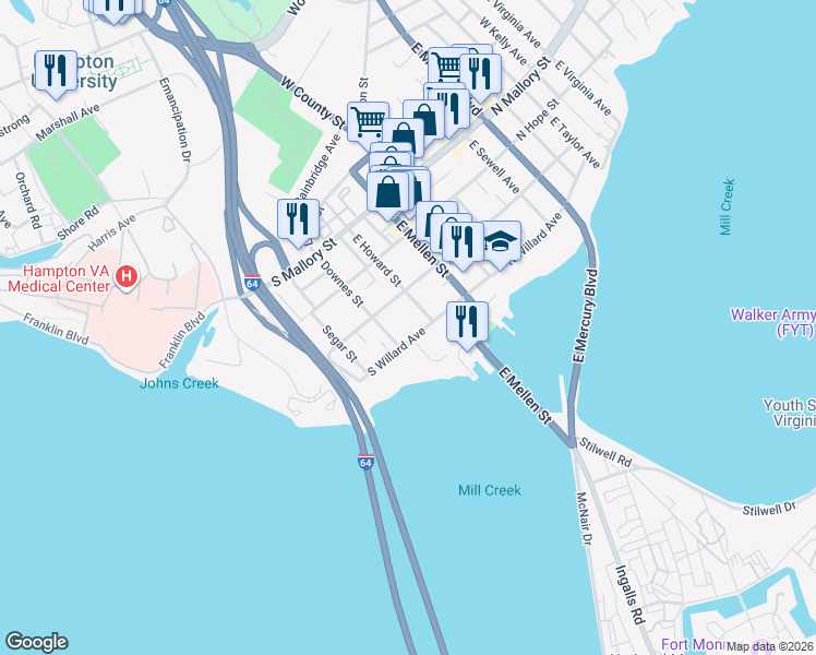 map of restaurants, bars, coffee shops, grocery stores, and more near 302 South Willard Avenue in Hampton