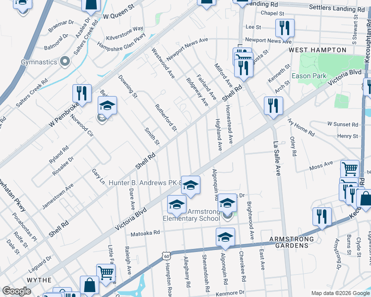 map of restaurants, bars, coffee shops, grocery stores, and more near 413 Shenandoah Road in Hampton
