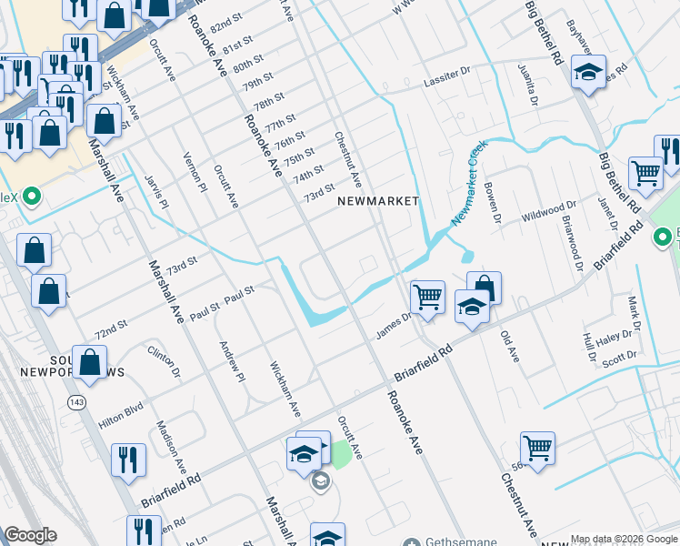 map of restaurants, bars, coffee shops, grocery stores, and more near 7001 Roanoke Avenue in Newport News