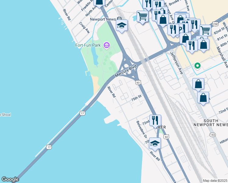 map of restaurants, bars, coffee shops, grocery stores, and more near 131 Towne Square Drive in Newport News