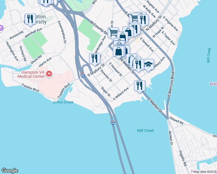 map of restaurants, bars, coffee shops, grocery stores, and more near 316 South Curry Street in Hampton