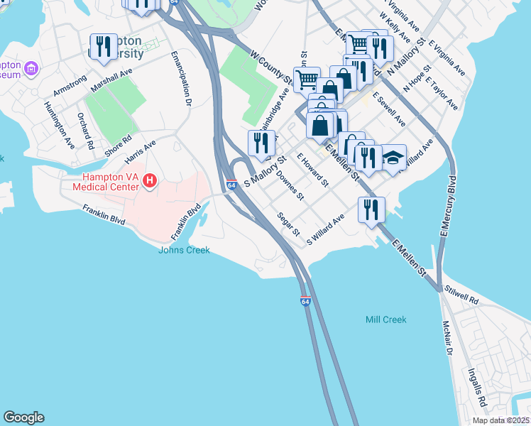 map of restaurants, bars, coffee shops, grocery stores, and more near 413 South Hope Street in Hampton