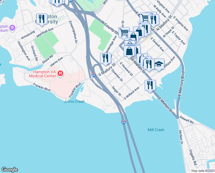 map of restaurants, bars, coffee shops, grocery stores, and more near 413 South Hope Street in Hampton