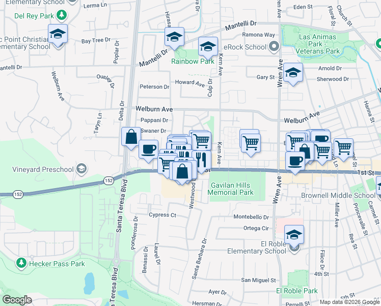 map of restaurants, bars, coffee shops, grocery stores, and more near 8155 Westwood Drive in Gilroy