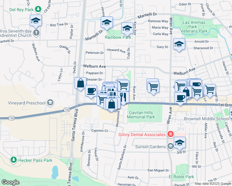 map of restaurants, bars, coffee shops, grocery stores, and more near 8155 Westwood Drive in Gilroy