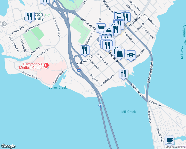 map of restaurants, bars, coffee shops, grocery stores, and more near 117 Segar Street in Hampton