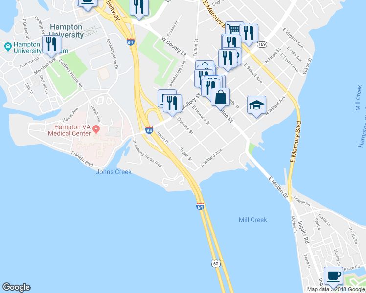 map of restaurants, bars, coffee shops, grocery stores, and more near 117 Segar Street in Hampton