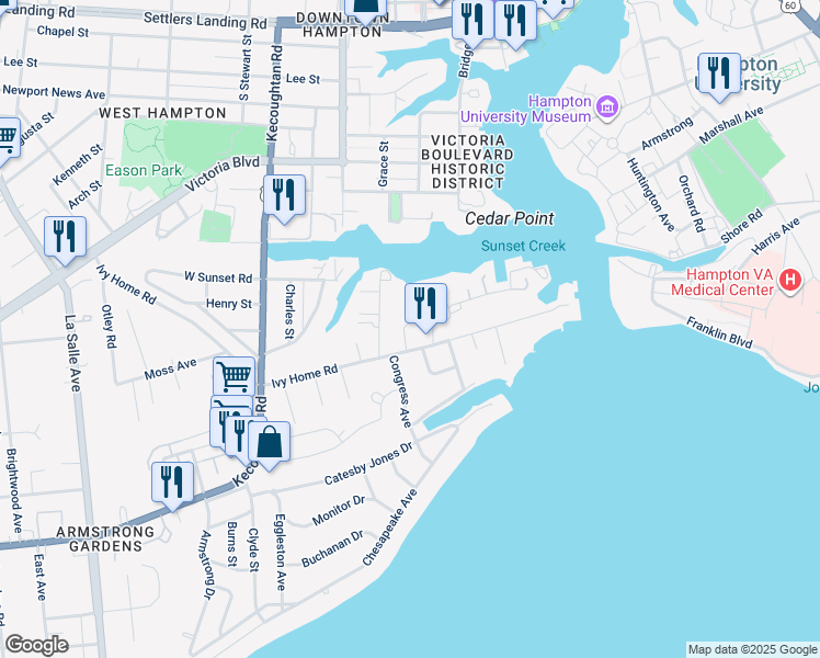 map of restaurants, bars, coffee shops, grocery stores, and more near 33 Camden Street in Hampton