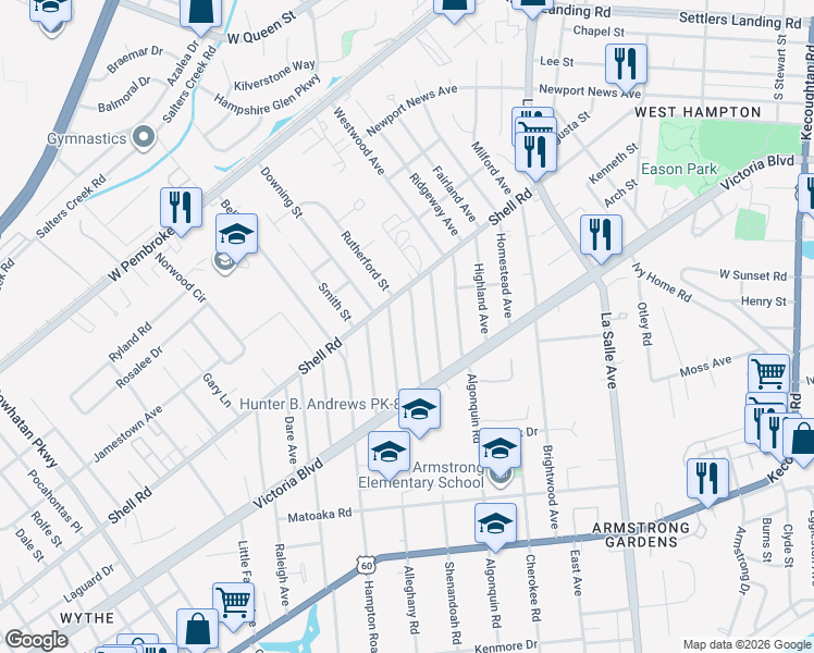 map of restaurants, bars, coffee shops, grocery stores, and more near 413 Shenandoah Road in Hampton
