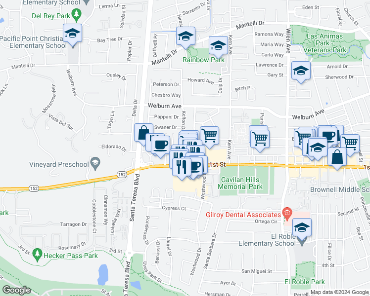 map of restaurants, bars, coffee shops, grocery stores, and more near 8174 Kelton Drive in Gilroy