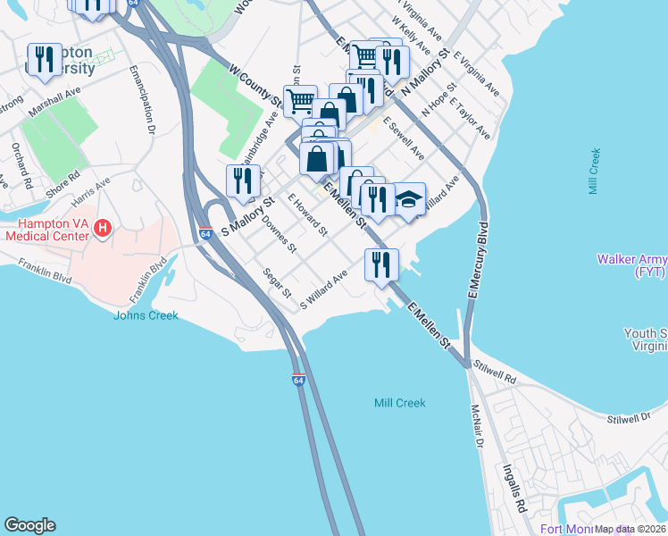 map of restaurants, bars, coffee shops, grocery stores, and more near 205 South Curry Street in Hampton