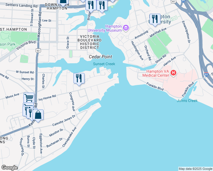 map of restaurants, bars, coffee shops, grocery stores, and more near 21 Ivy Home Road in Hampton