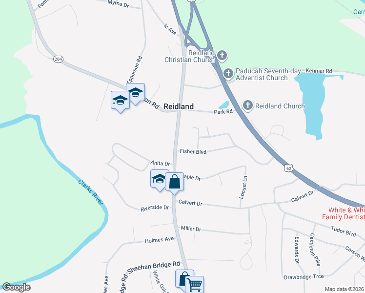 map of restaurants, bars, coffee shops, grocery stores, and more near 5568 Reidland Road in Paducah