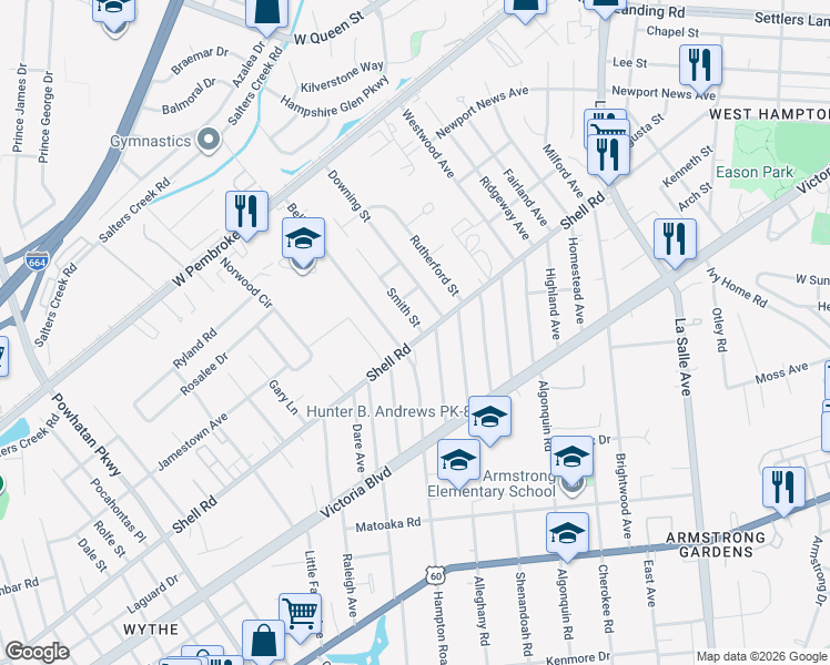 map of restaurants, bars, coffee shops, grocery stores, and more near 620 Smith Street in Hampton