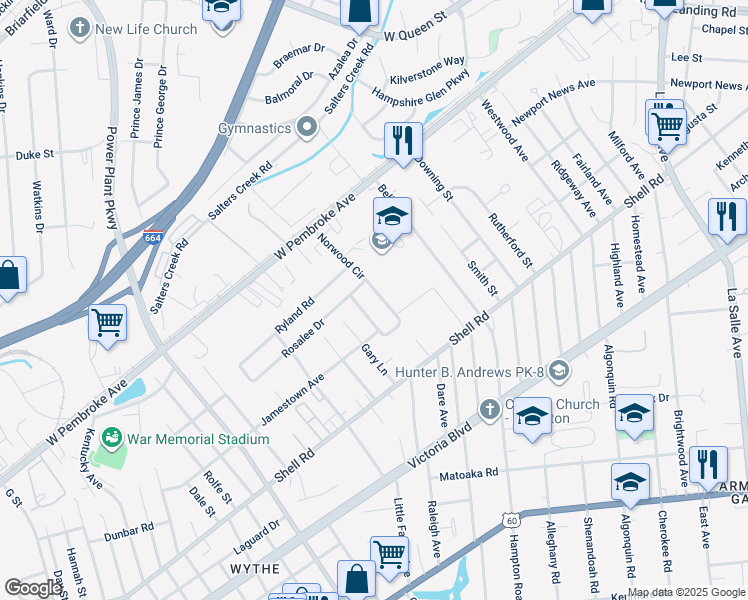 map of restaurants, bars, coffee shops, grocery stores, and more near 745 Norwood Circle in Hampton