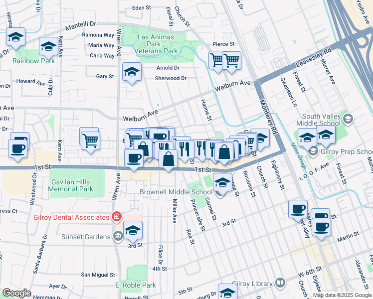 map of restaurants, bars, coffee shops, grocery stores, and more near 8061 Carmel Street in Gilroy