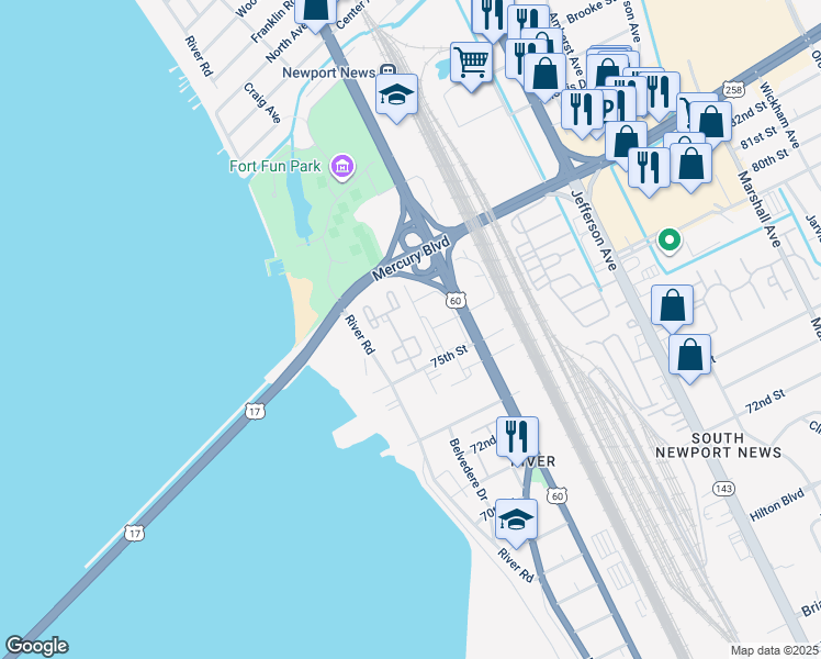 map of restaurants, bars, coffee shops, grocery stores, and more near 29 Towne Square Drive in Newport News