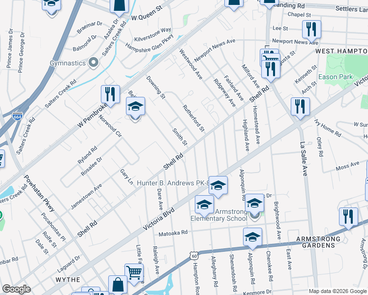 map of restaurants, bars, coffee shops, grocery stores, and more near 620 Smith Street in Hampton