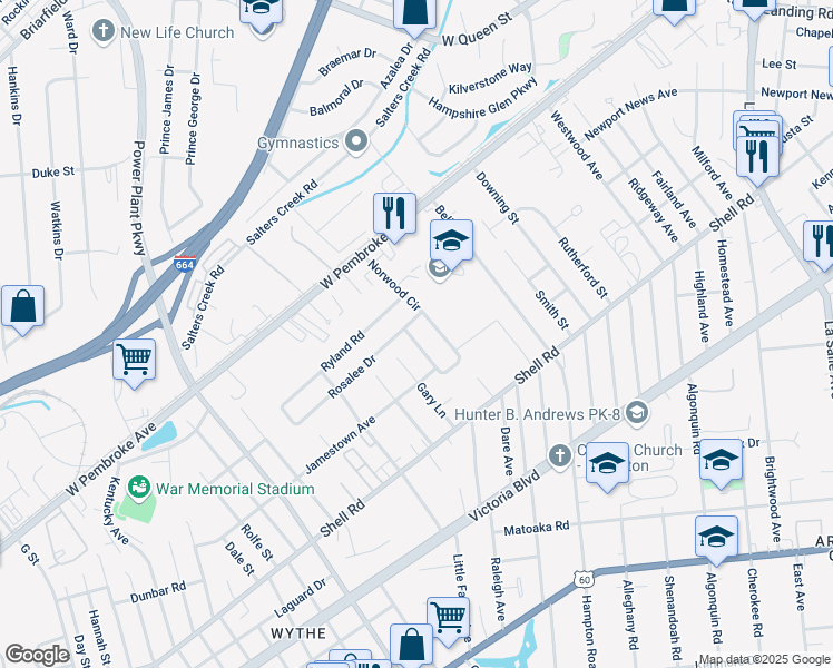 map of restaurants, bars, coffee shops, grocery stores, and more near 759 Norwood Circle in Hampton