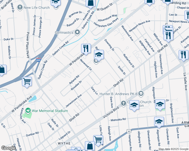 map of restaurants, bars, coffee shops, grocery stores, and more near 745 Norwood Circle in Hampton