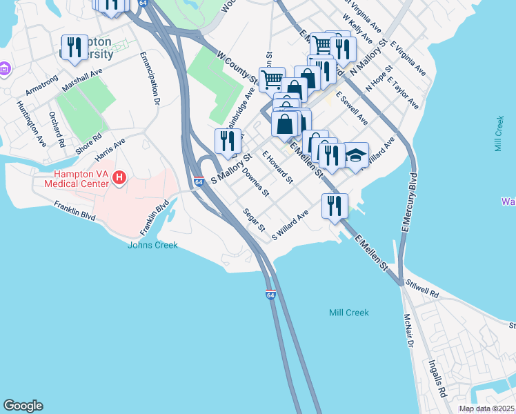 map of restaurants, bars, coffee shops, grocery stores, and more near 316 South Curry Street in Hampton