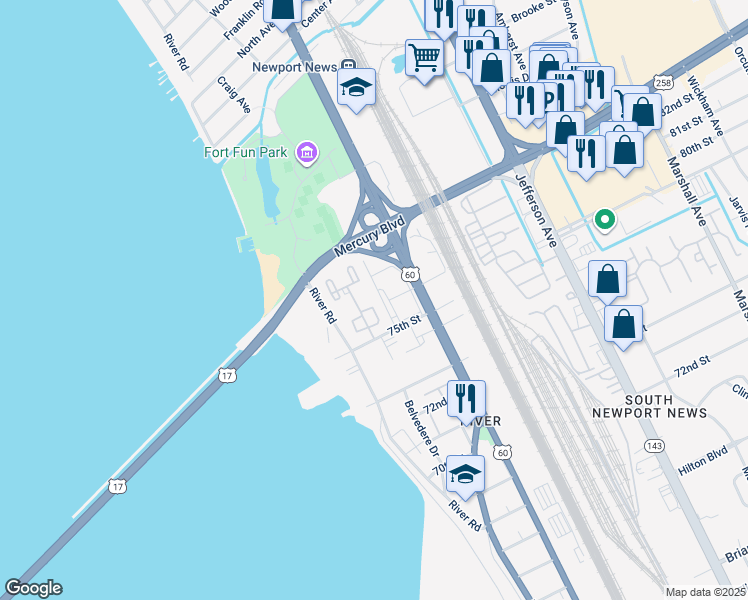 map of restaurants, bars, coffee shops, grocery stores, and more near 26 Towne Square Drive in Newport News