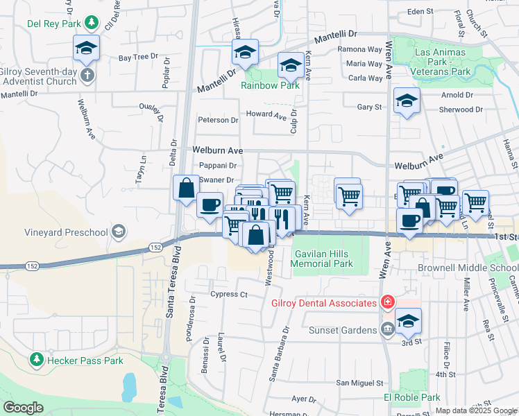 map of restaurants, bars, coffee shops, grocery stores, and more near 8195 Westwood Drive in Gilroy