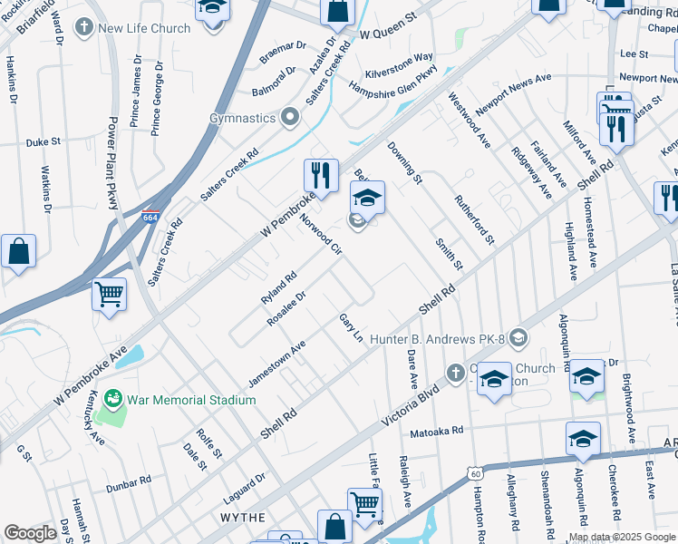 map of restaurants, bars, coffee shops, grocery stores, and more near 759 Norwood Circle in Hampton