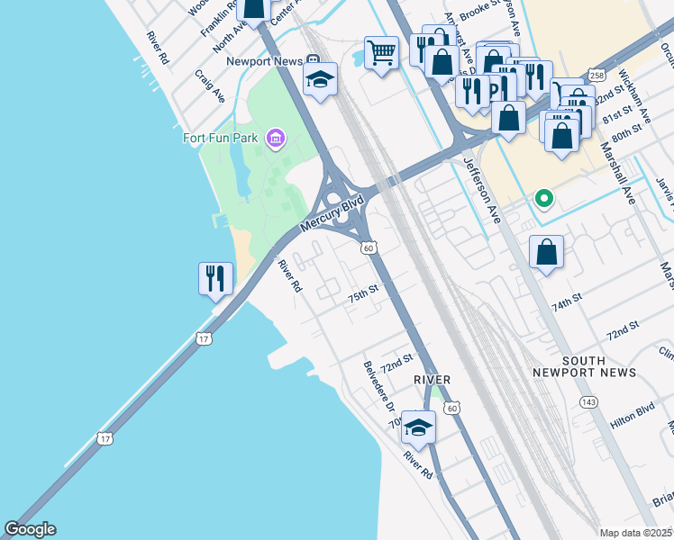 map of restaurants, bars, coffee shops, grocery stores, and more near 26 Towne Square Drive in Newport News
