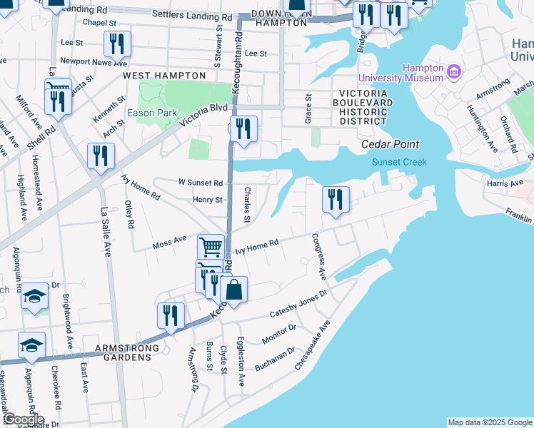 map of restaurants, bars, coffee shops, grocery stores, and more near 26 East Southampton Avenue in Hampton