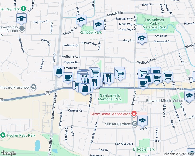 map of restaurants, bars, coffee shops, grocery stores, and more near 8170 Westwood Drive in Gilroy