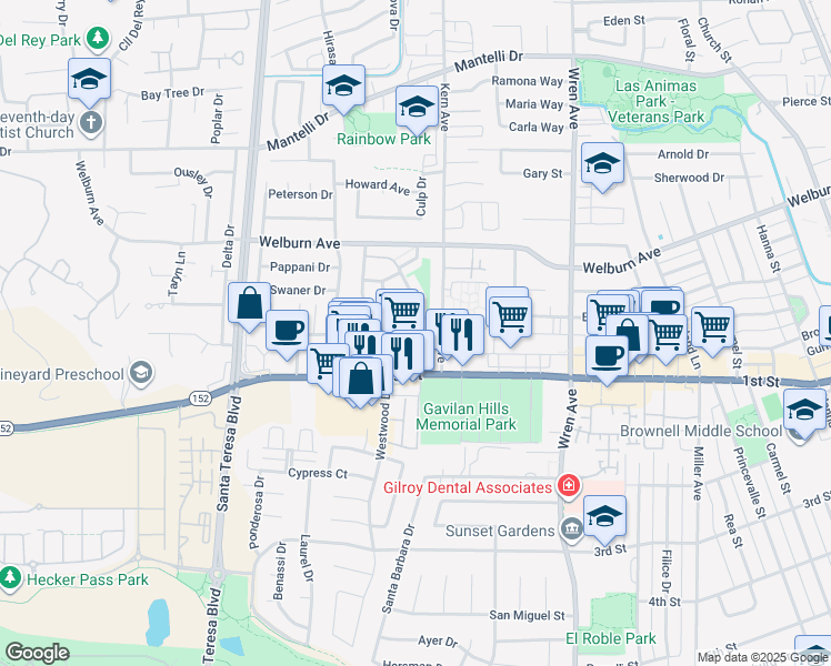 map of restaurants, bars, coffee shops, grocery stores, and more near 8105 Kern Avenue in Gilroy