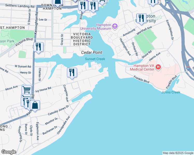 map of restaurants, bars, coffee shops, grocery stores, and more near 21 Ivy Home Road in Hampton