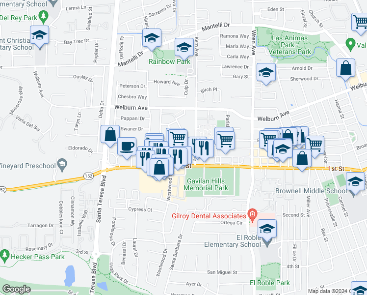 map of restaurants, bars, coffee shops, grocery stores, and more near 811 Fillippelli Drive in Gilroy