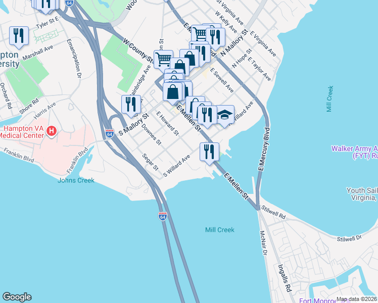map of restaurants, bars, coffee shops, grocery stores, and more near 112 South Willard Avenue in Hampton
