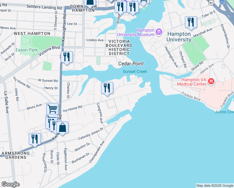map of restaurants, bars, coffee shops, grocery stores, and more near 90 Marina Road in Hampton