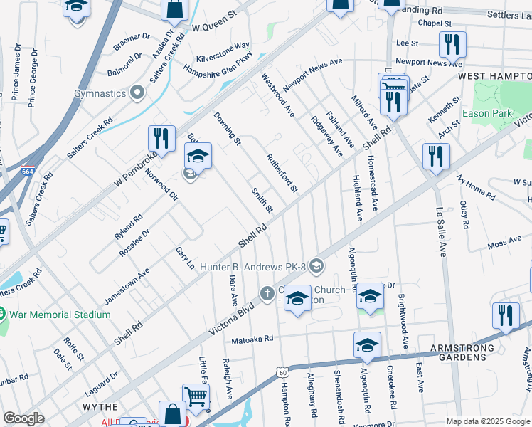 map of restaurants, bars, coffee shops, grocery stores, and more near 607 Smith Street in Hampton
