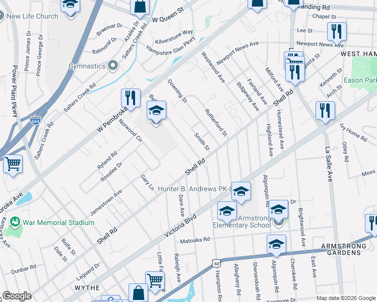map of restaurants, bars, coffee shops, grocery stores, and more near 623 Bell Street in Hampton