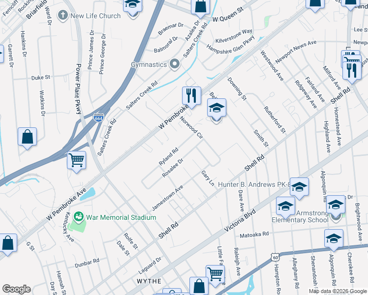map of restaurants, bars, coffee shops, grocery stores, and more near 2827 Ryland Road in Hampton