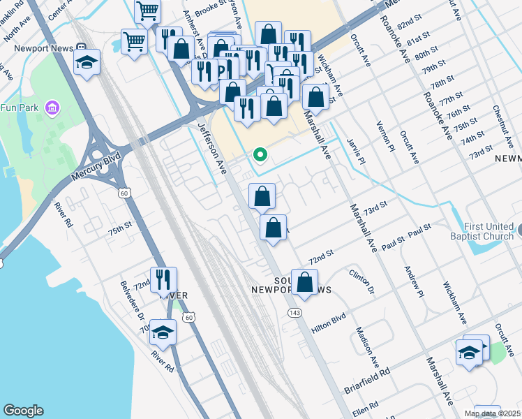 map of restaurants, bars, coffee shops, grocery stores, and more near 6012 Jefferson Avenue in Newport News