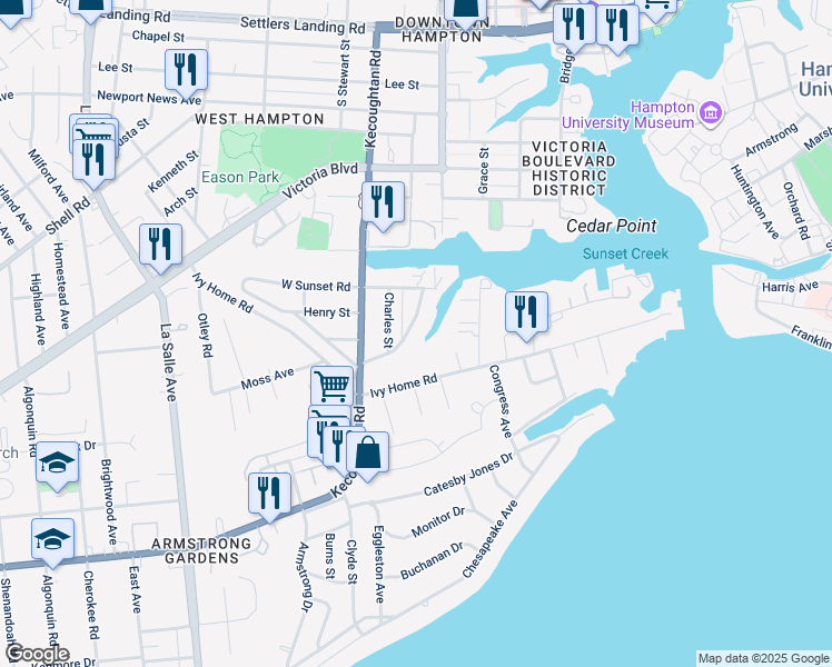 map of restaurants, bars, coffee shops, grocery stores, and more near 26 East Southampton Avenue in Hampton