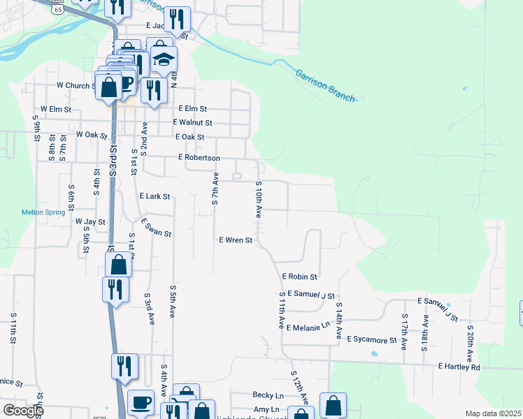 map of restaurants, bars, coffee shops, grocery stores, and more near 1007 East Lark Street in Ozark