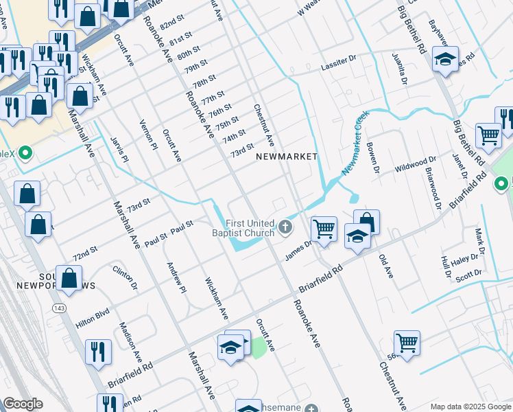 map of restaurants, bars, coffee shops, grocery stores, and more near 7006 Roanoke Avenue in Newport News